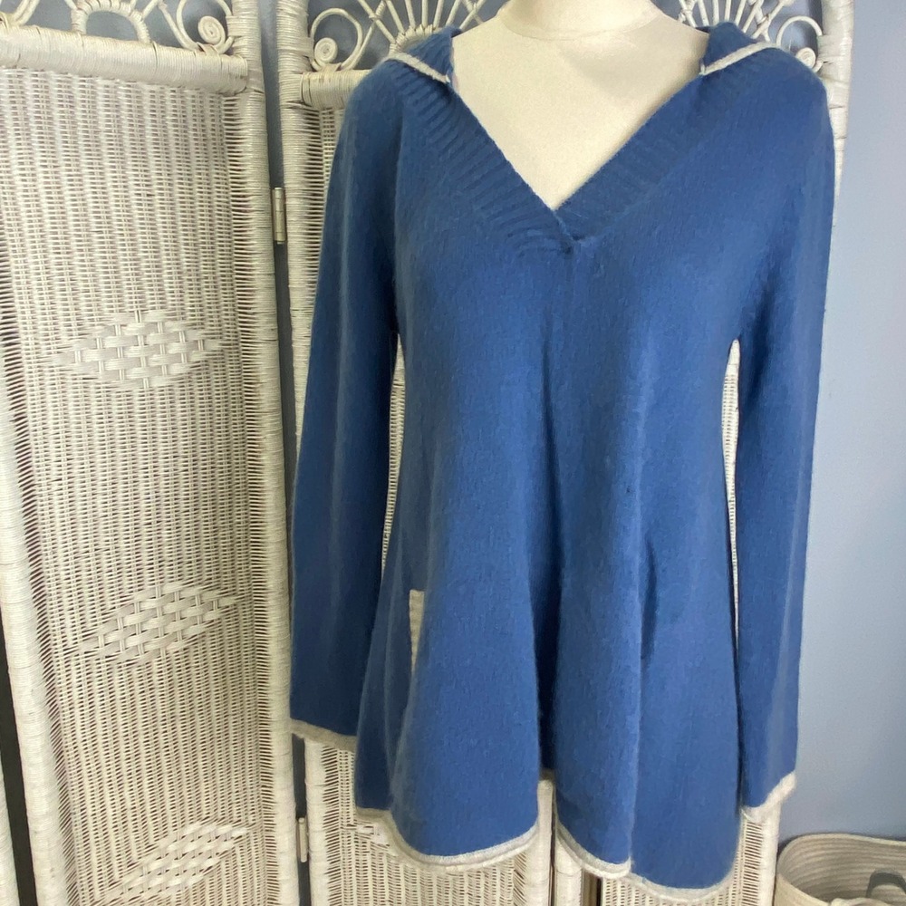 Subtle Luxury Cashmere Hoodie S/M Blue Gray Trim Soft Cozy Lounge Sweater Flawed